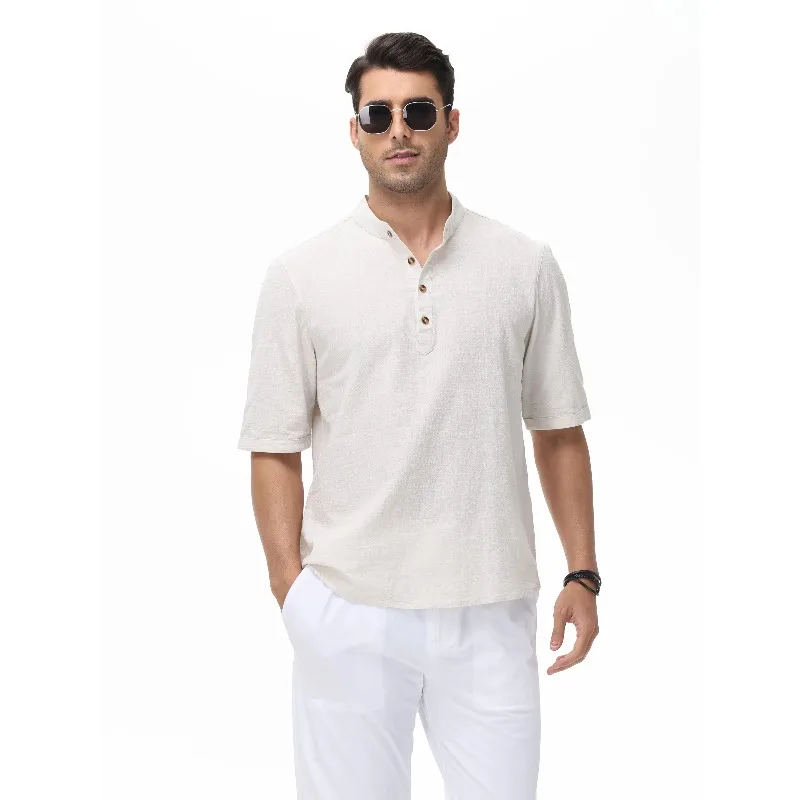 

Summer Men's Casual Henley Shirts, Solid Color Short Sleeve Hawaii Beach Shirts Daily Button Down Breathable Tee