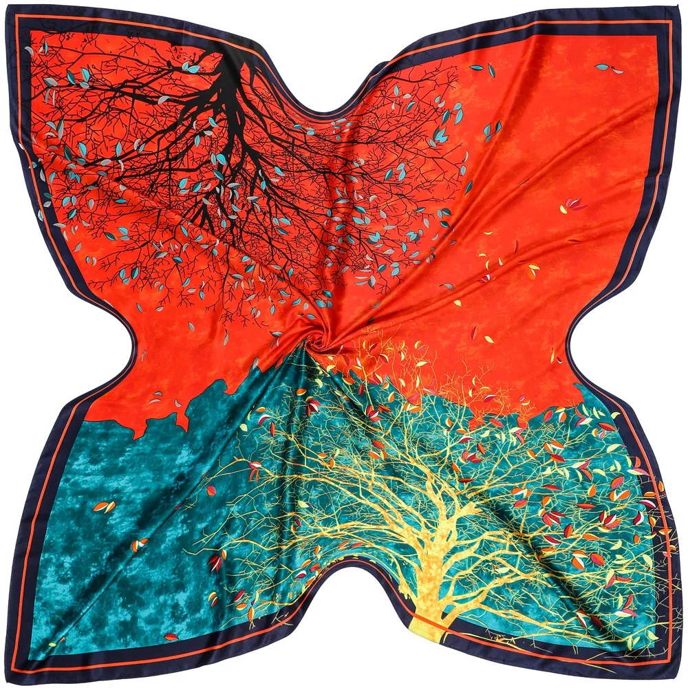 Silk Scarf Women Large Shawls Stoles Money Tree Print Square Scarves Echarpes Foulards Femme Wrap Bandanas 130*130CM