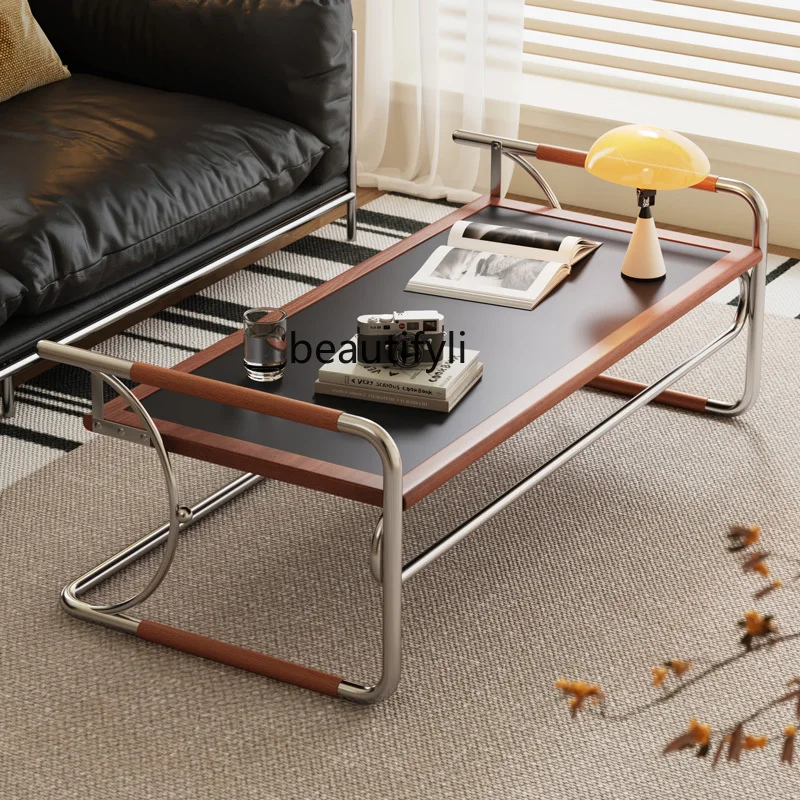 Medieval liftable rock slab coffee table living room solid wood stainless steel multi-functional small tea table