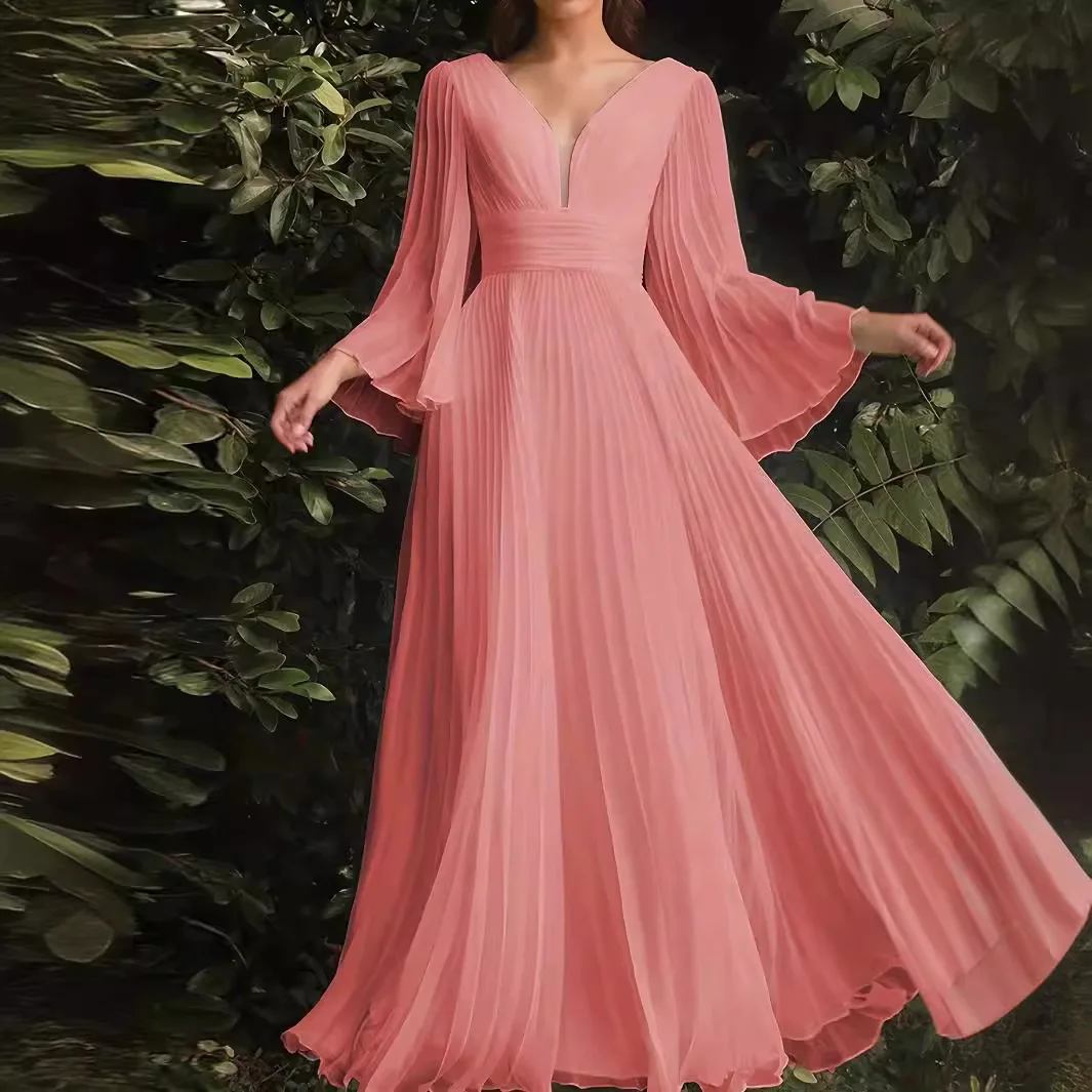 ชุดเดรสแขนยาว V ลึกเซ็กซี่ของผู้หญิง - ชุดทางการเข้ารูปพอดีตัว, ชุดเดรสค็อกเทลปาร์ตี้ตอนเย็น, ชุดเดรสเข้ารูปหรูหรา 2025