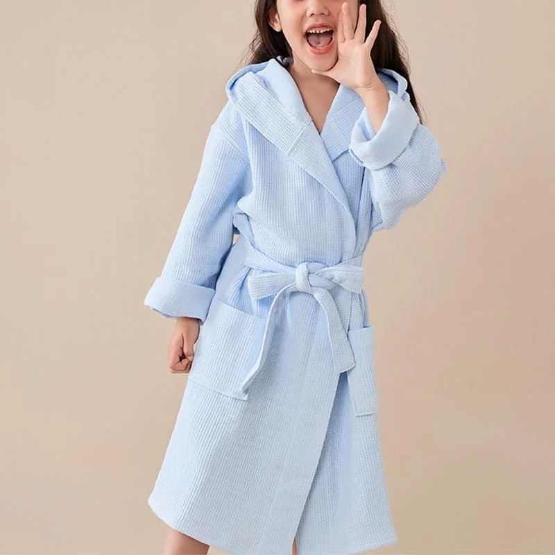 

Children's Bathrobe Double-Layer Waffle Weave Cross-Border 100% Cotton Towel Fabric Robe Long Sleeve Hooded Bathrobe Nightwear