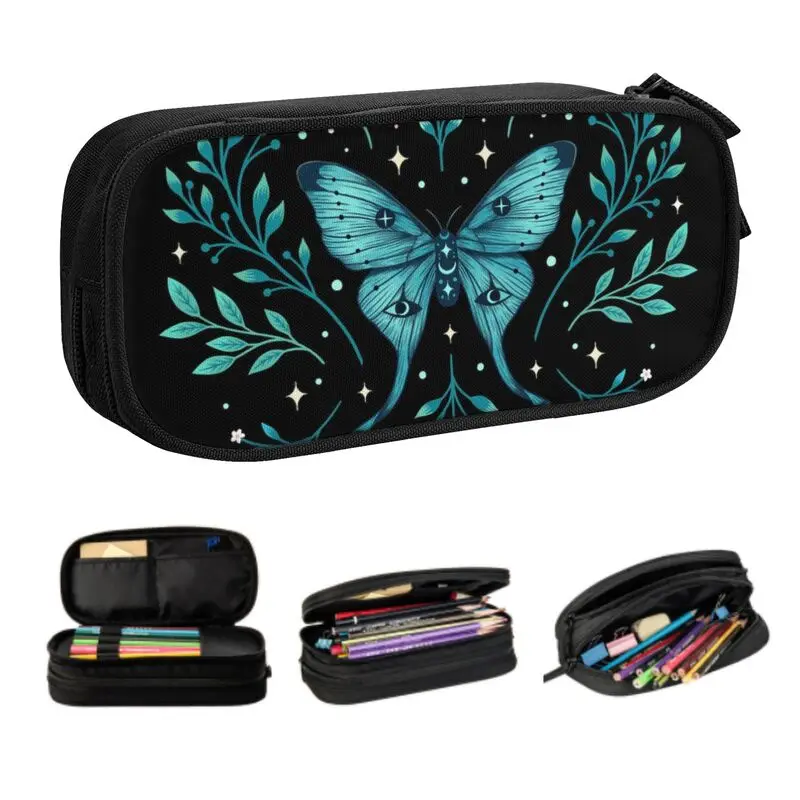 

Mystical Moon Moth Pencil Case for Girl Boy Big Capacity Spooky Witch Pen Box Bag Stationery