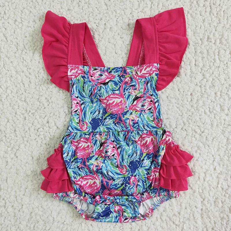 

Baby Girl Flamingo Bubble Romper Summer New Bodysuit Clothing Rose Red Jumpsuit Wholesale Kids Toddler Ruffle One-piece Clothes