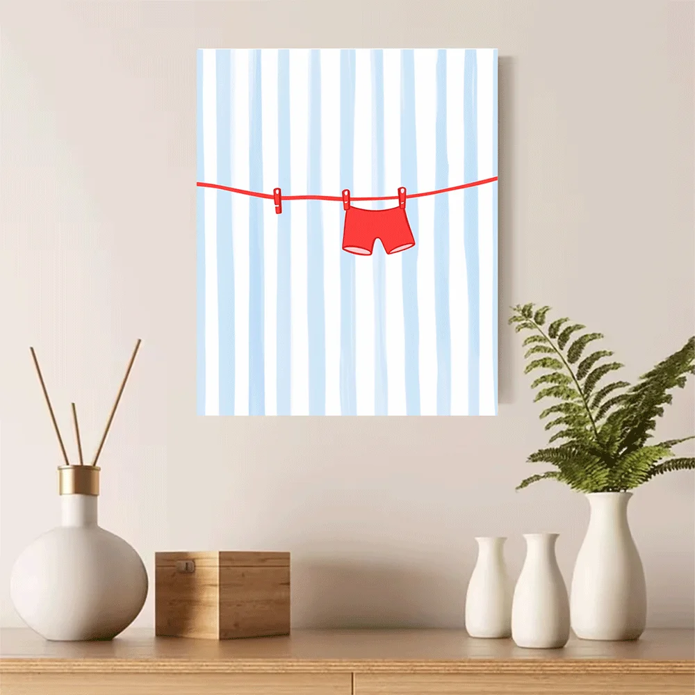1PC-Unframed Canvas poster wall decoration  Red Shorts Hanging On Clothesline Striped Background Summer Vibes Art Print