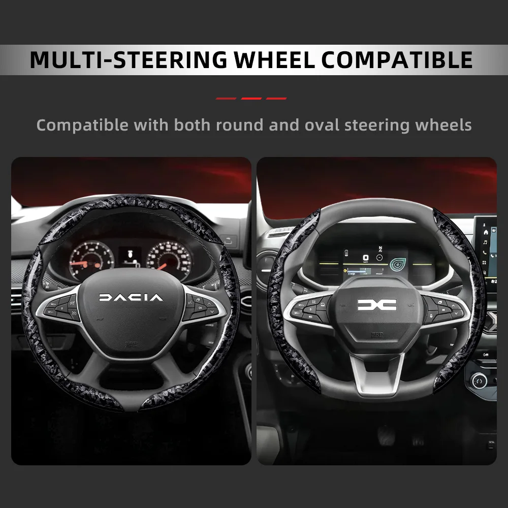 Suitable for Dacia Forged Carbon Fiber Texture Steering Wheel Cover, Durable Snap-On Quick Installation, Compatible with Sandero Stepway Duster Jogger Bigster Spring Electric Cargo Logan, Black, Red, Gold Car Accessori