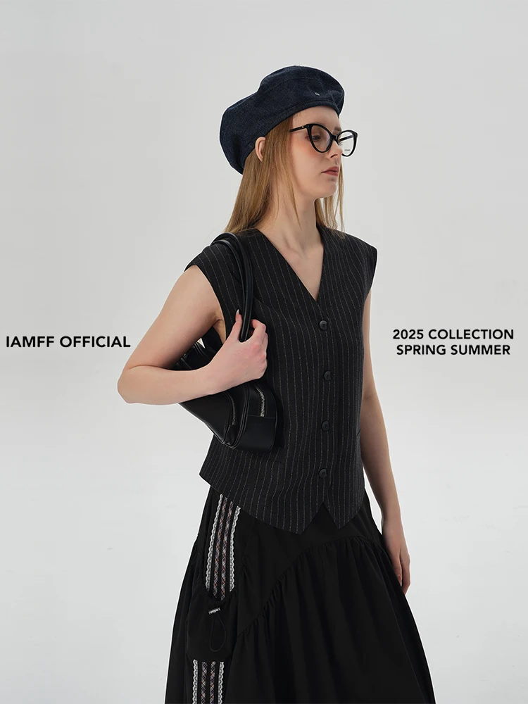 

IAMFF Women's V-ne Vertical Stripes Layering Suit Vest Faionable Trimmed Design Spring 2025 New Arrival Polyester Fabric