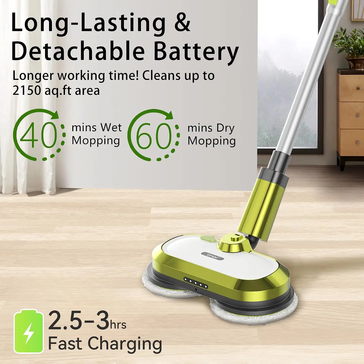 Cordless Electric Mop with Water Spray & Detachable Battery | Rechargeable Floor Spin Mop & Scrubber with LED Headlight, Washabl