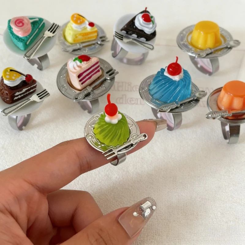 Y2K Harajuku Cute Pudding Ring Set For Women Girls Funny Resin Jelly Cake Open Cuff Y2K Food Jewelry Gift Decorative Accessories