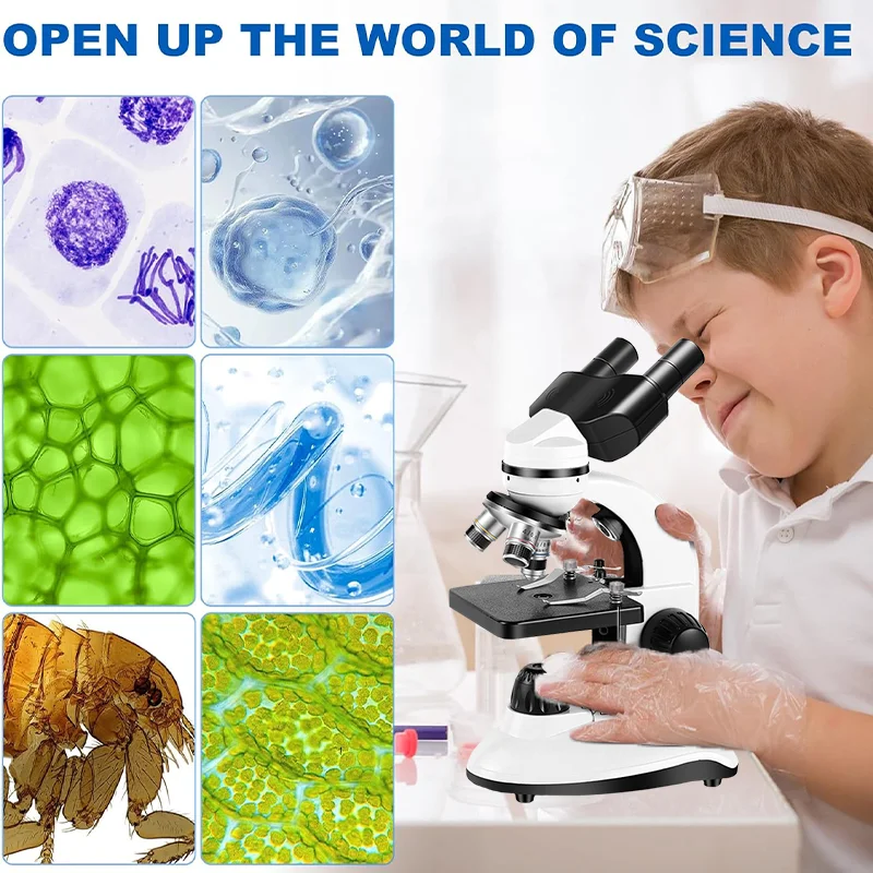 40X-1280X Compound Binocular Microscope, Dual LED with USB Camera, Slides, Phone Mount & Specimen Kit