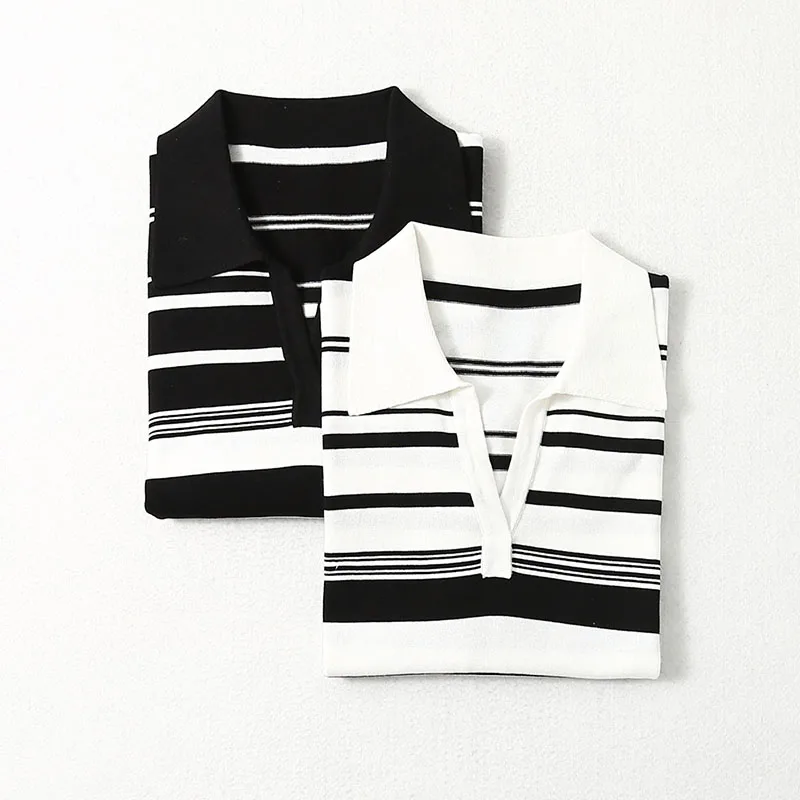 بلوزة نسائية مخططة بياقة على شكل v ، تي شيرت بأكمام قصيرة ، سترة ، بلوفر ، 70% حرير التوت ، 30% قطن ، خطوط ، L ، XL ، XXL ، LY042