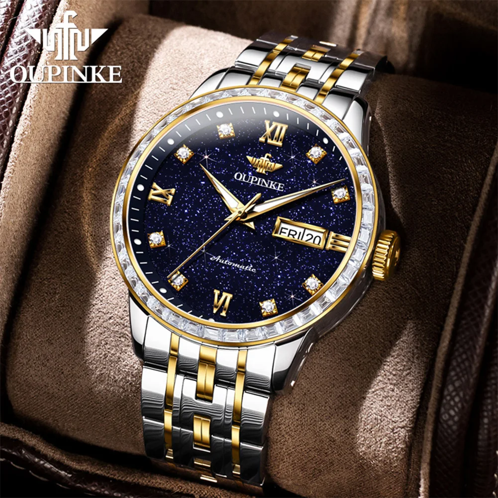 

OUPINKE роскошные мужские часы водонепроницаемые светящиеся автоматические часы Calendar Week для мужчин, оригинальные мужские наручные часы со звездным небом и циферблатом