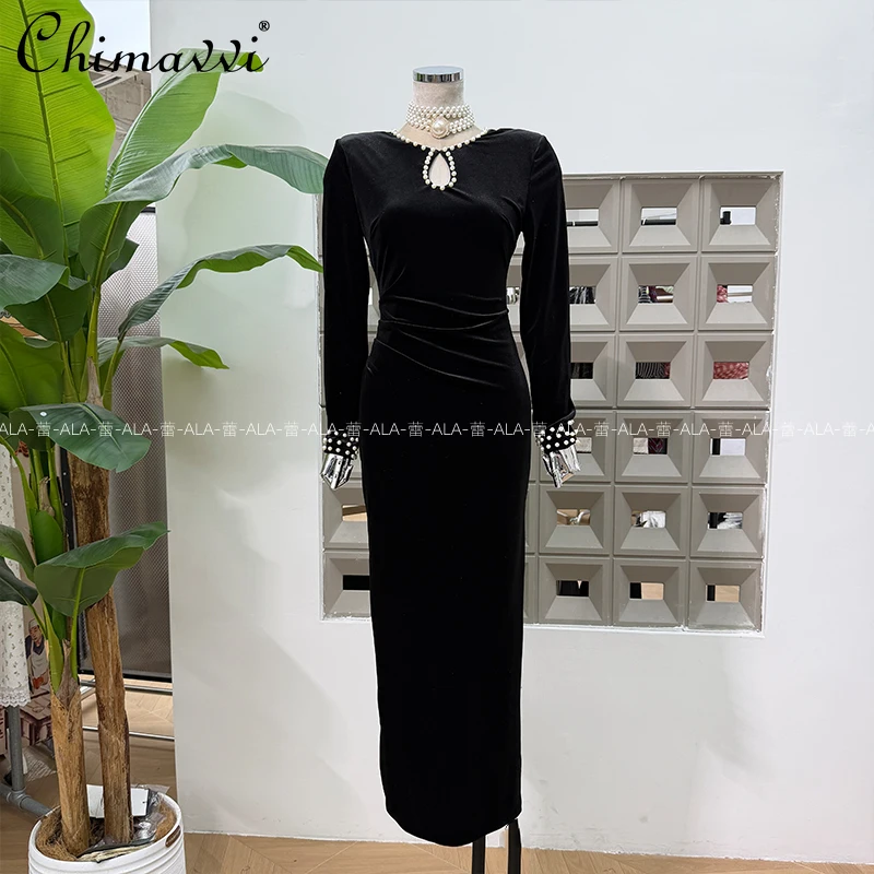 French Style Elegant Pearl Beaded Round Neck Long Sleeve High Waist Slim Bodycon Black Velvet Evening Dress for Women Autumn