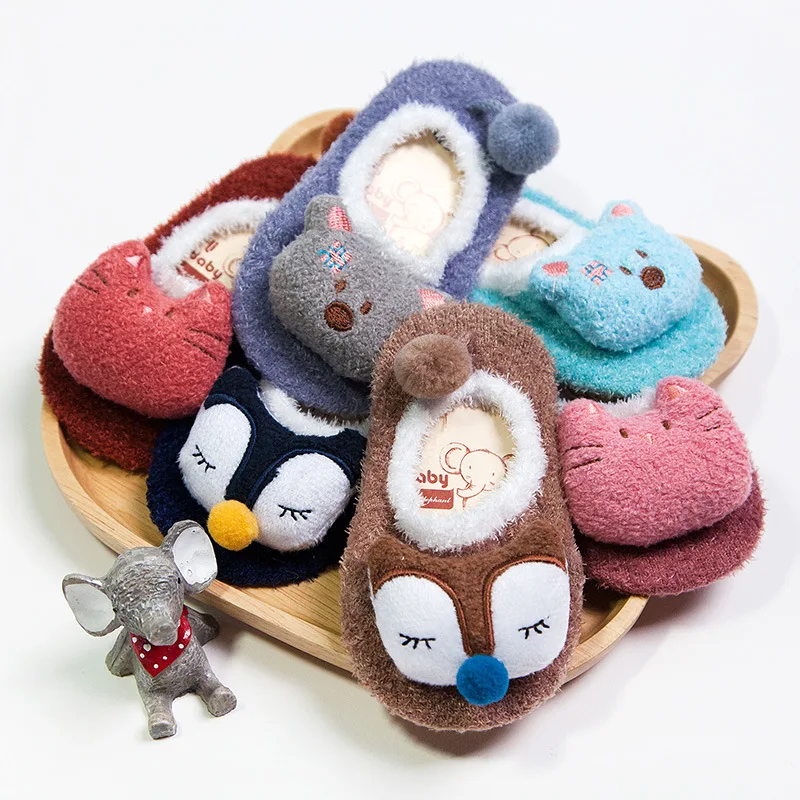 Autumn Winter Cute 3D Cartoon Doll Animal Baby Anti-slip Home Socks Kids 0-5 Years Feather Yarn Indoor Floor Socks Fox Bea