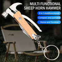 Multifunctional Keychain Claw Hammer Portable Wooden Handle Stainless Steel Ax Hammer Knife Cutter Outdoor Camping Survival Tool