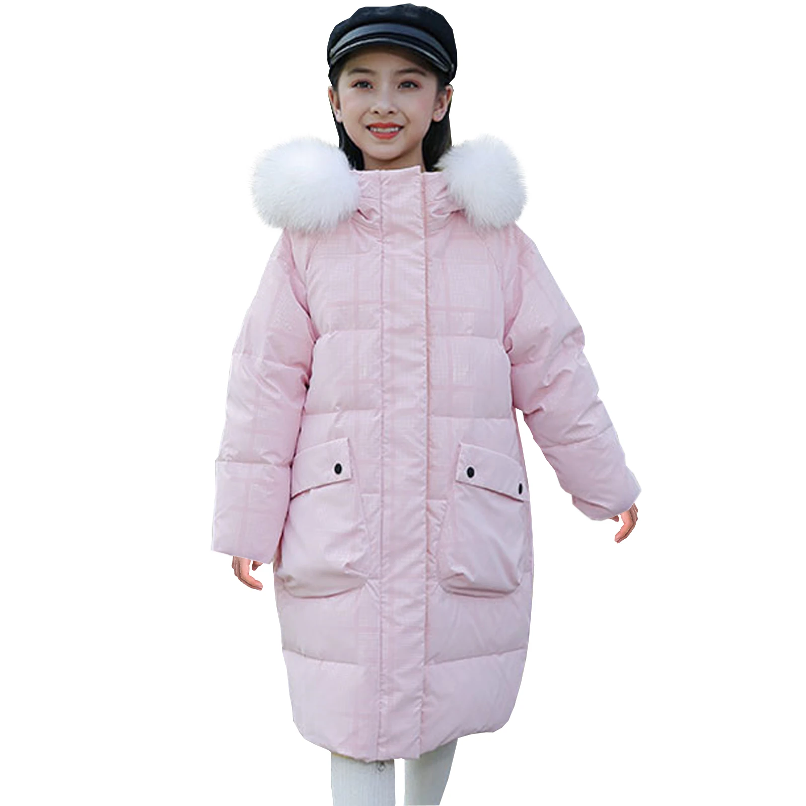 

Girls Down Parka Coat,White Duck Down Jacket for Kids,Windproof Warm Teens Outfits,Loose Pockets Children's Winter Puffer Coat