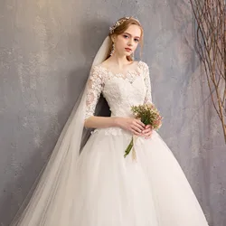 Robe de mariée en dentelle blanche pure avec appliques, col bateau élégant, robe de patients, manches trois quarts, robe classique, charmante