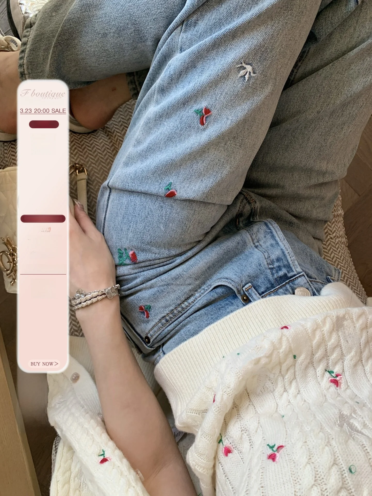 

F Boutique Garden Embroidery High Waist Cotton Jeans Women's Loose Fit Machine Embroidery Style High Waist Jeans Autumn Winter