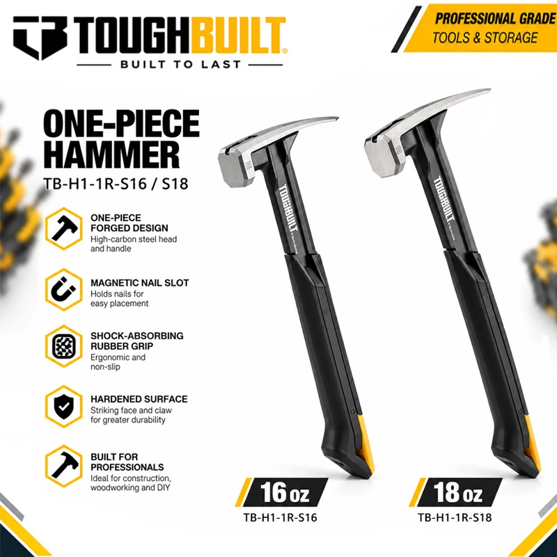 TOUGHBUILT TB-H1-1R-S16/S18 One-piece Claw Hammer, 16/18oz High Carbon Steel Magnetic Nail Slot Anti-slip Rubber Grip Hand Tool