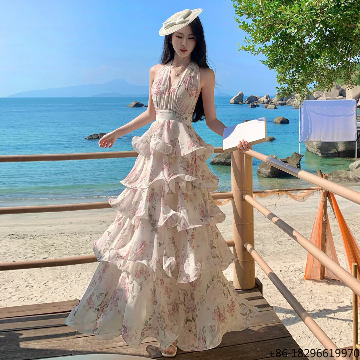 Vacation Style Maxi Dress Halter Neck Floral Print With Tiered Ruffle Hem for Beach Resort and Coastal