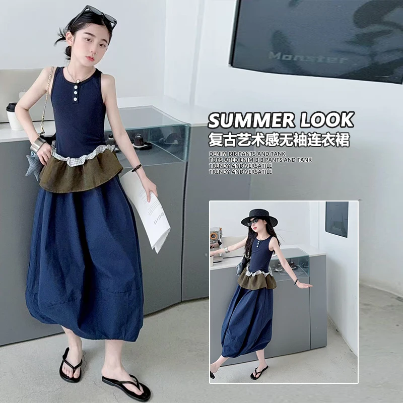 

Summer Princess One Piece Dress for Girls Toddler Fashion Plaid Patchwork Party Daily Bow Decoration Student Dress Ages 6-14Y