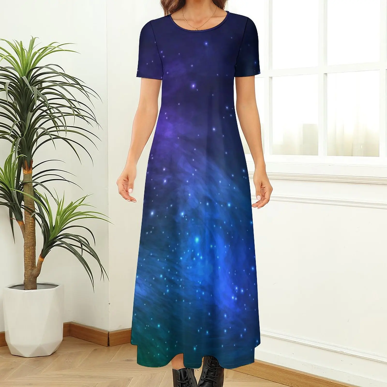 Colorful Galaxy Dress Green and Blue Cosmic Maxi Dress Street Fashion Bohemia Long Dresses Ladies Short Sleeve Oversize Vestidos