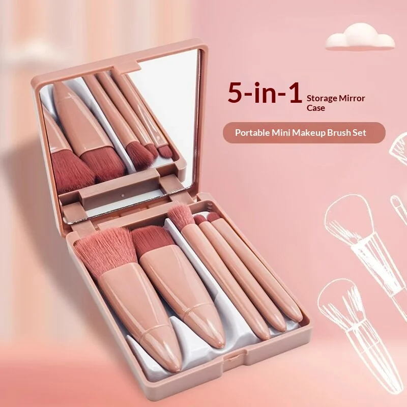 Portable Mini Makeup Brush Set With Mirror Foldable Travel Cosmetic Brushes Soft Synthetic Hair For Face Eyes Make Up Tool