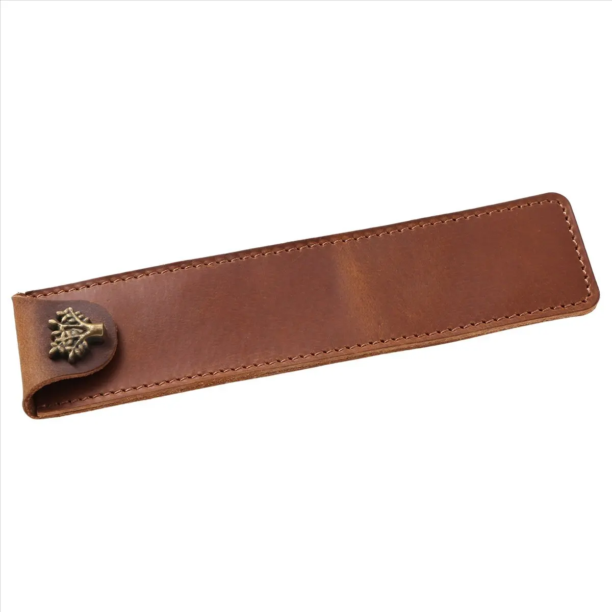 Premium-Genuine Leather Pen Pouch Holder Single Pencil Bag Pen Case with Snap Button for Rollerball Fountain Ballpoint Pen-Brown