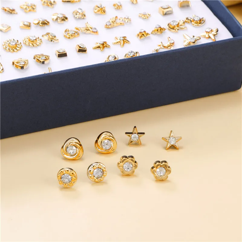 100 Pair/Lot Small Mini Stud Earring Set For Girl Love Star Animal Geometric Random Female Wedding Party Ear Jewelry Accessories