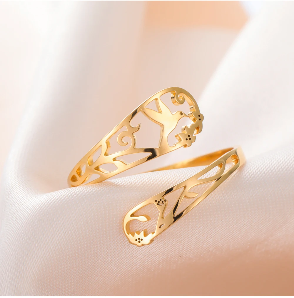 COOLTIME Blumen- und Vogel-Damenring, Edelstahl, verstellbar, modischer Blumen-Fingerring, Schmuck, Geburtstagsgeschenk – Detail 9