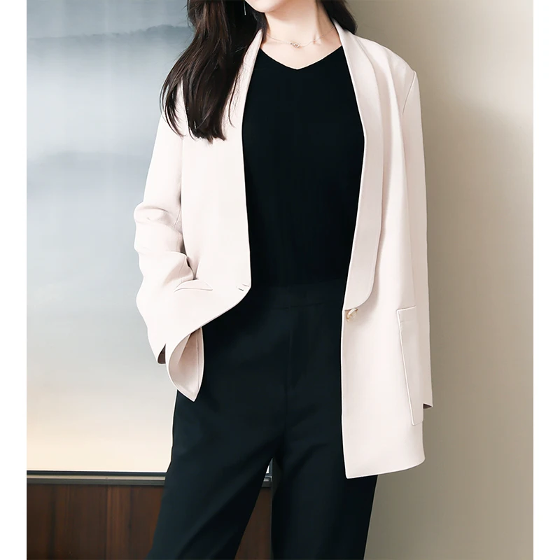 

Новая весенне-летняя повседневная женская свободная куртка-жакет из триацетата с длинными рукавами, утягивающая фигуру, для офиса и повседневной носки, модная