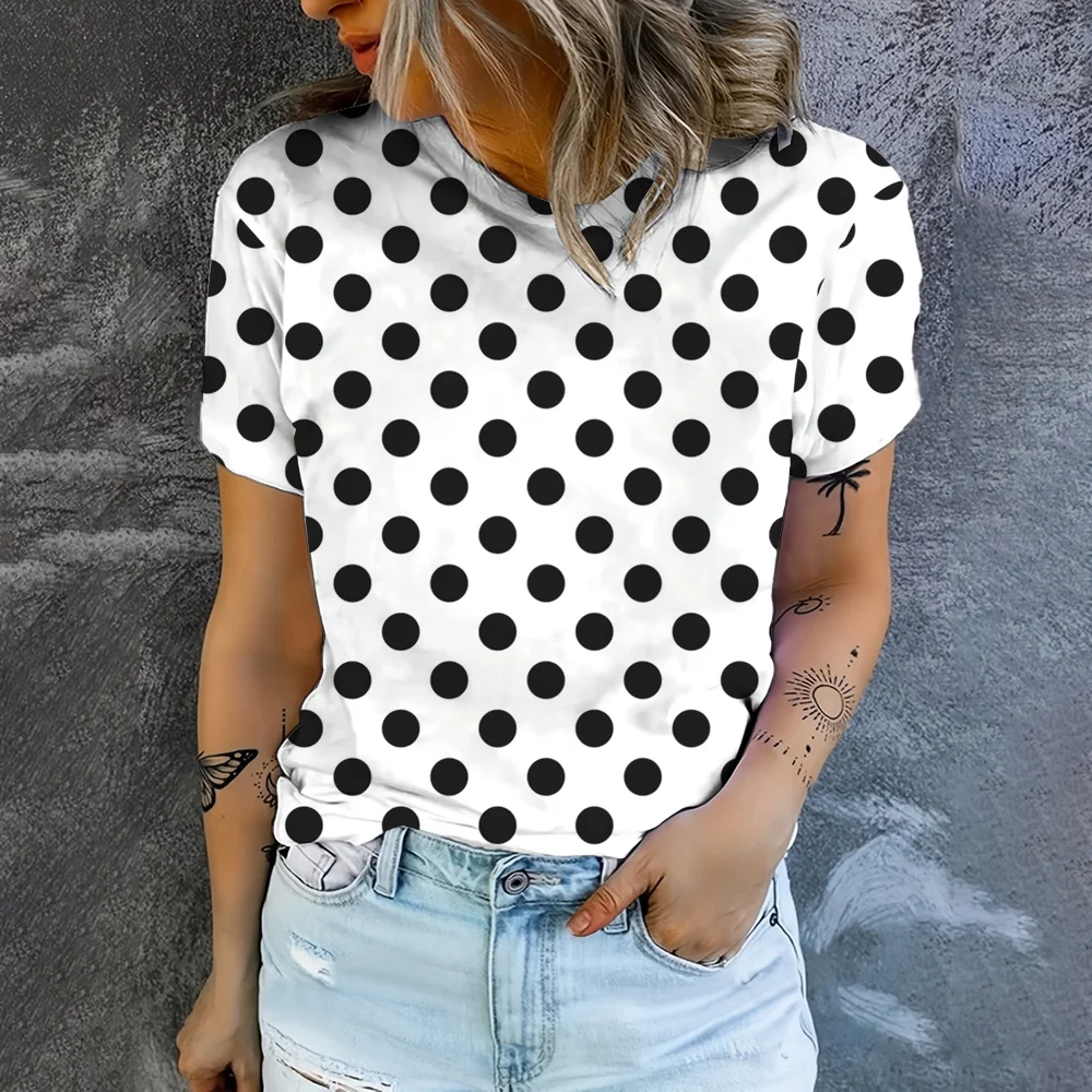 2024 New Summer White Polka Dots Pattern Imple Style Casual Woman Clothing Oversized T-shirt Short Sleeve Comfortable Tops 5XL