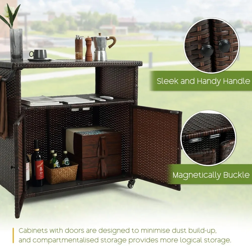 

Wicker Outdoor Bar Cart - Brown Patio Console Storage Table Buffet Cabinet Serving Kitchen Cart with Wheels for, Customized