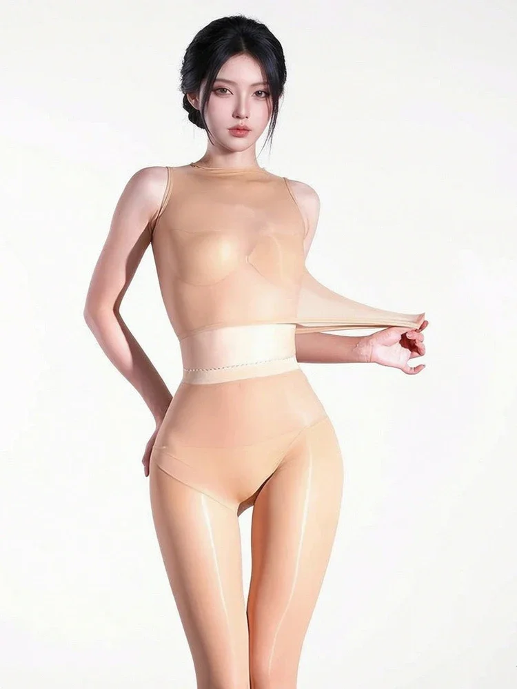 Fashion WOmen 2PCS/Set Elastic Pantyhose Yoga Shaping Tights 5D Oil Shiny Sheer Thin Stocking Maid Pantyhose With Vest Top