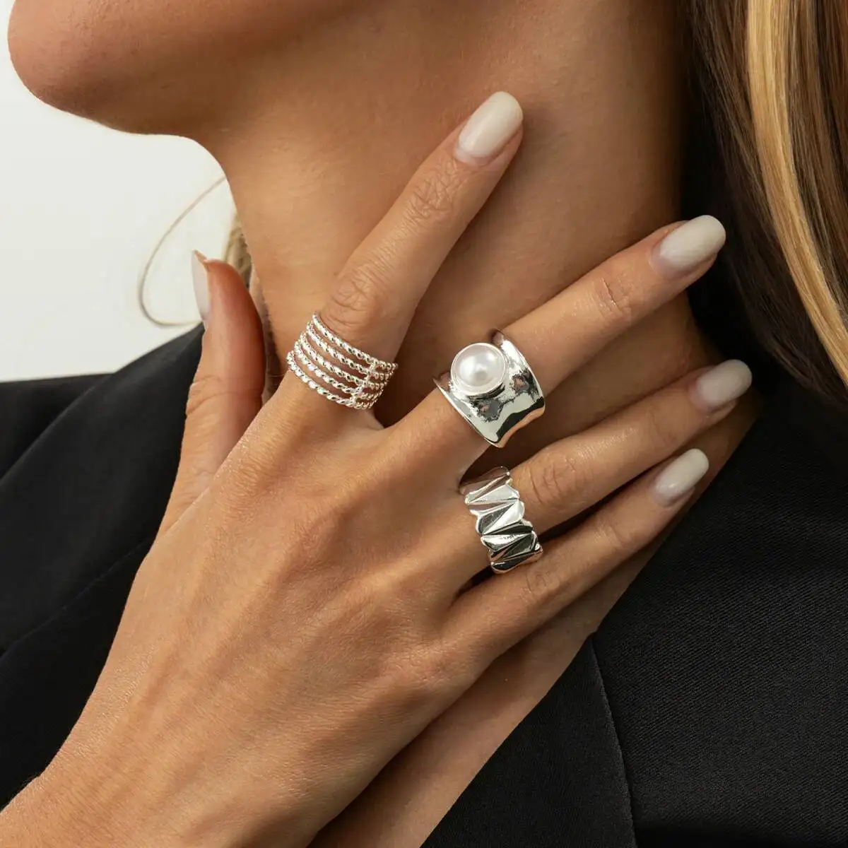 Salircon 3Pcs/Set Vintage Geometry Hollow Lines Open Finger Ring Women New Elegant Inlay Imitation Pearl Ring Jewelry Accessory