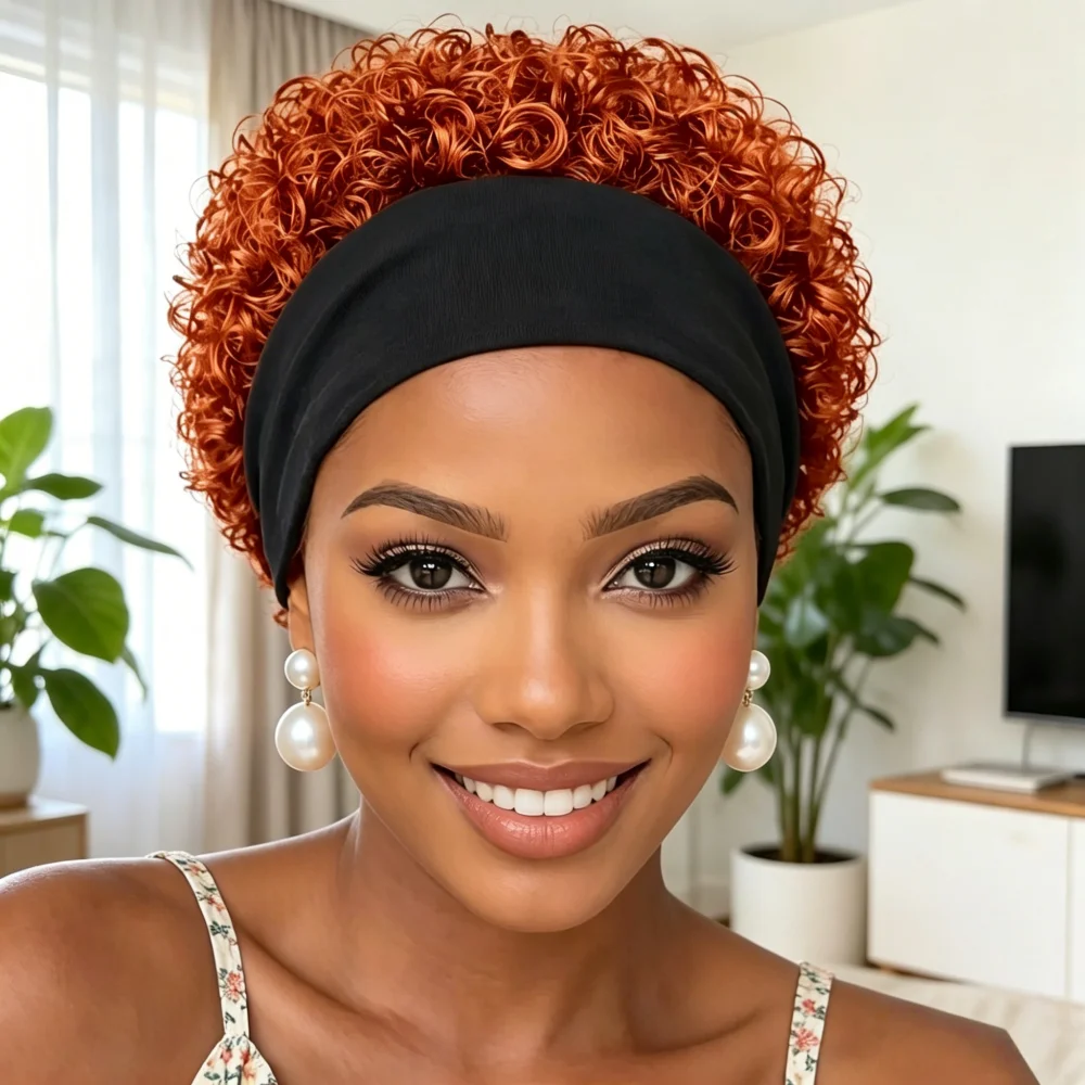 Human Hair Short Curly Headband Wig, Curly Wigs for Women,full machine made Multi Colors Optional Ginger Orange Black Burgundy B