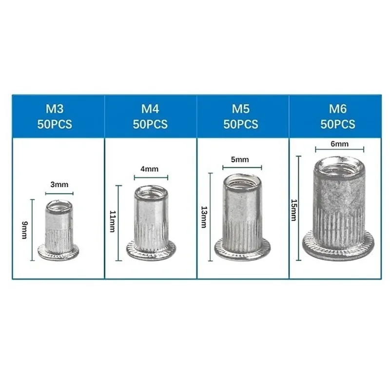 200pcs Aluminum Threaded Rivets Nut Set Insert Rivnut Nutsert Cap Rivet Nuts Flat Head Countersunk Head Rivet Nut M3 M4 M5 M6