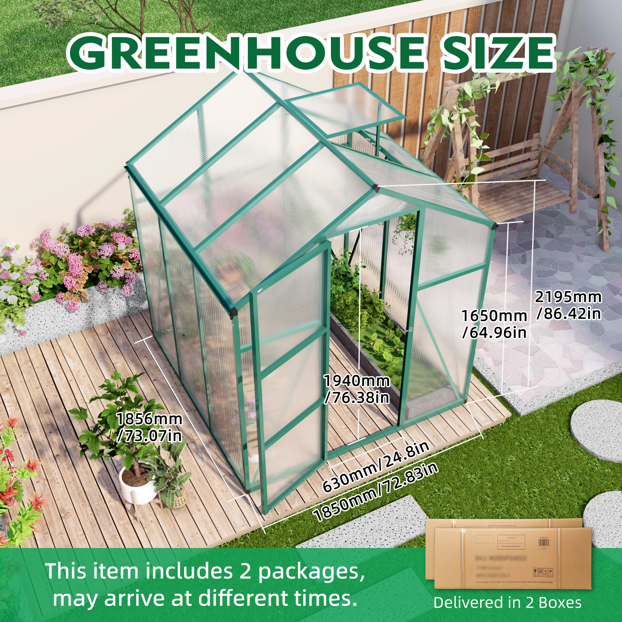 

SUSUA 6*6FT Newly marketed Gain height windproofaluminum greenhouse Polycarbonate Greenhouse Raised Base and green color frame