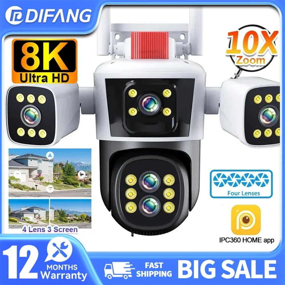 DIFANG 8K Outdoo 10X Optical Zoom WiFi IP Camera 16MP Four Lens Three Screens Auto Tracking 6K Security Video Surveillance CCTV