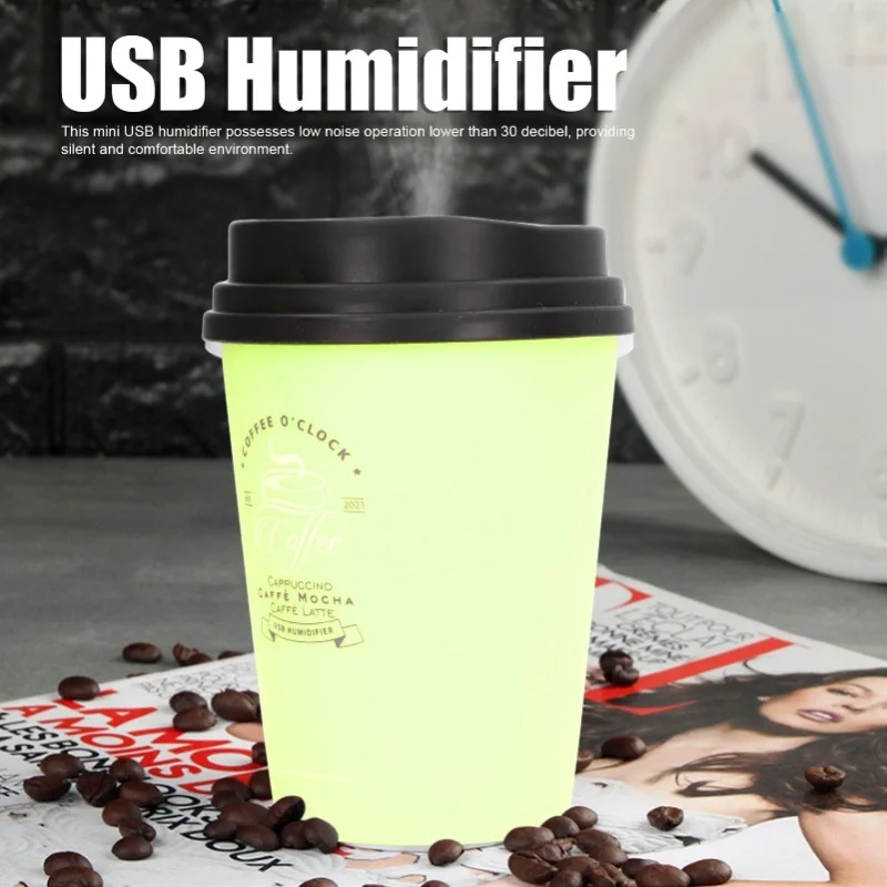 300ml USB Mini Humidifier Coffee Cup Design Low Noise Auto Off Compact Lightweight For Car Home Office Green