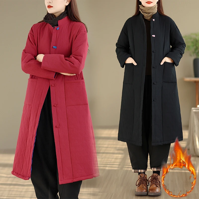 

Китайская однотонная хлопковая куртка выше колена, женское пальто средней длины, буддийская дзен-Дух, модная женская ветровка