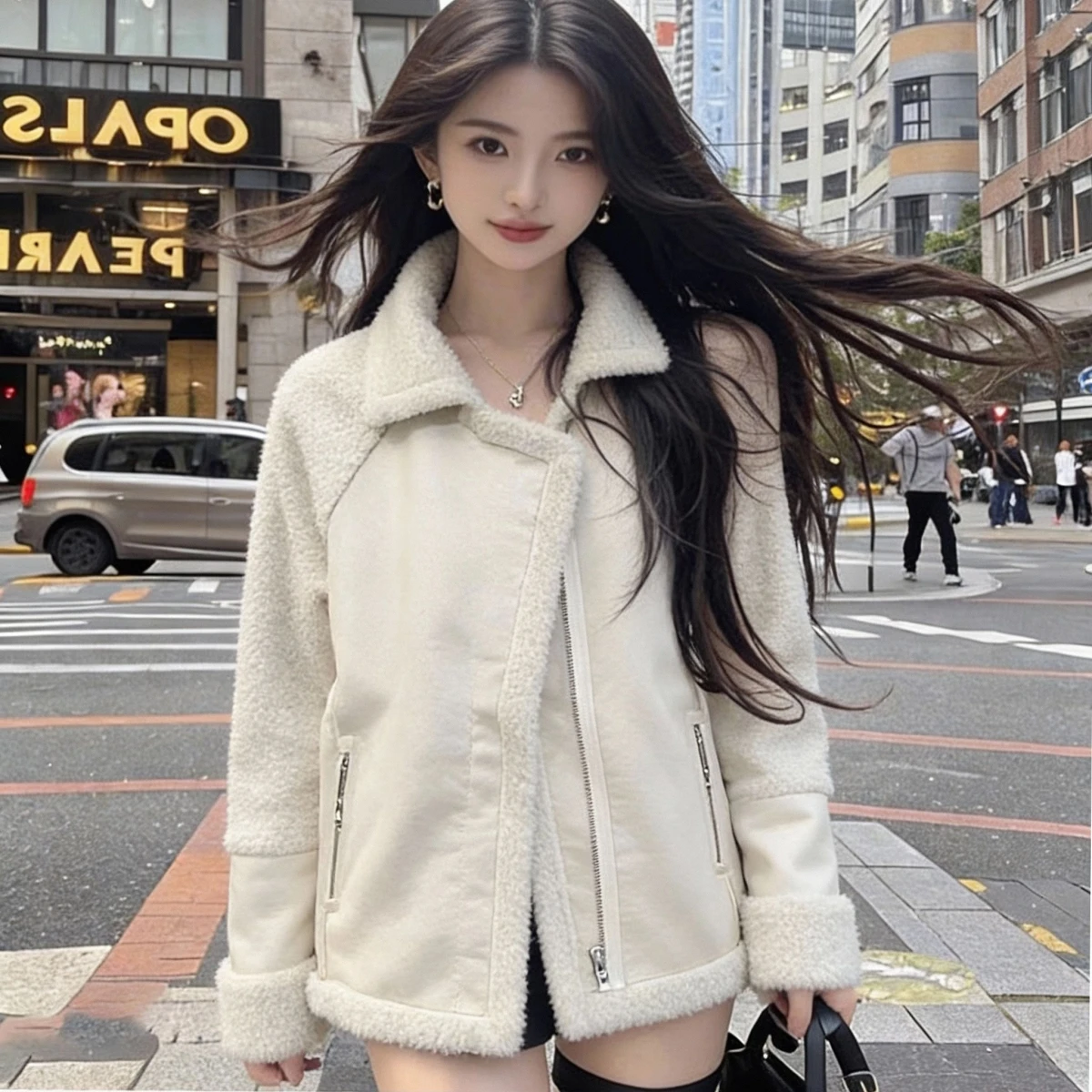 Lamb Fur Vest Women's Thickened Leather And Fur Integrated Motorcycle Clothes Autumn Winter New Arrival Standard Fit Polyeste...