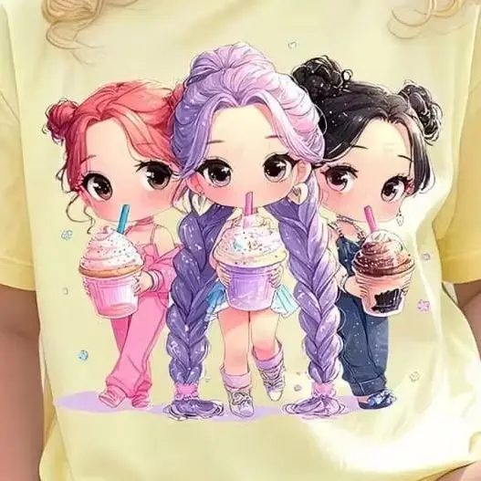 Children's Kpop Popular Cartoon Print T-Shirt Tops Clothing Design Casual Harajuku Style Round Neck Short Sleeve Girl Clothing