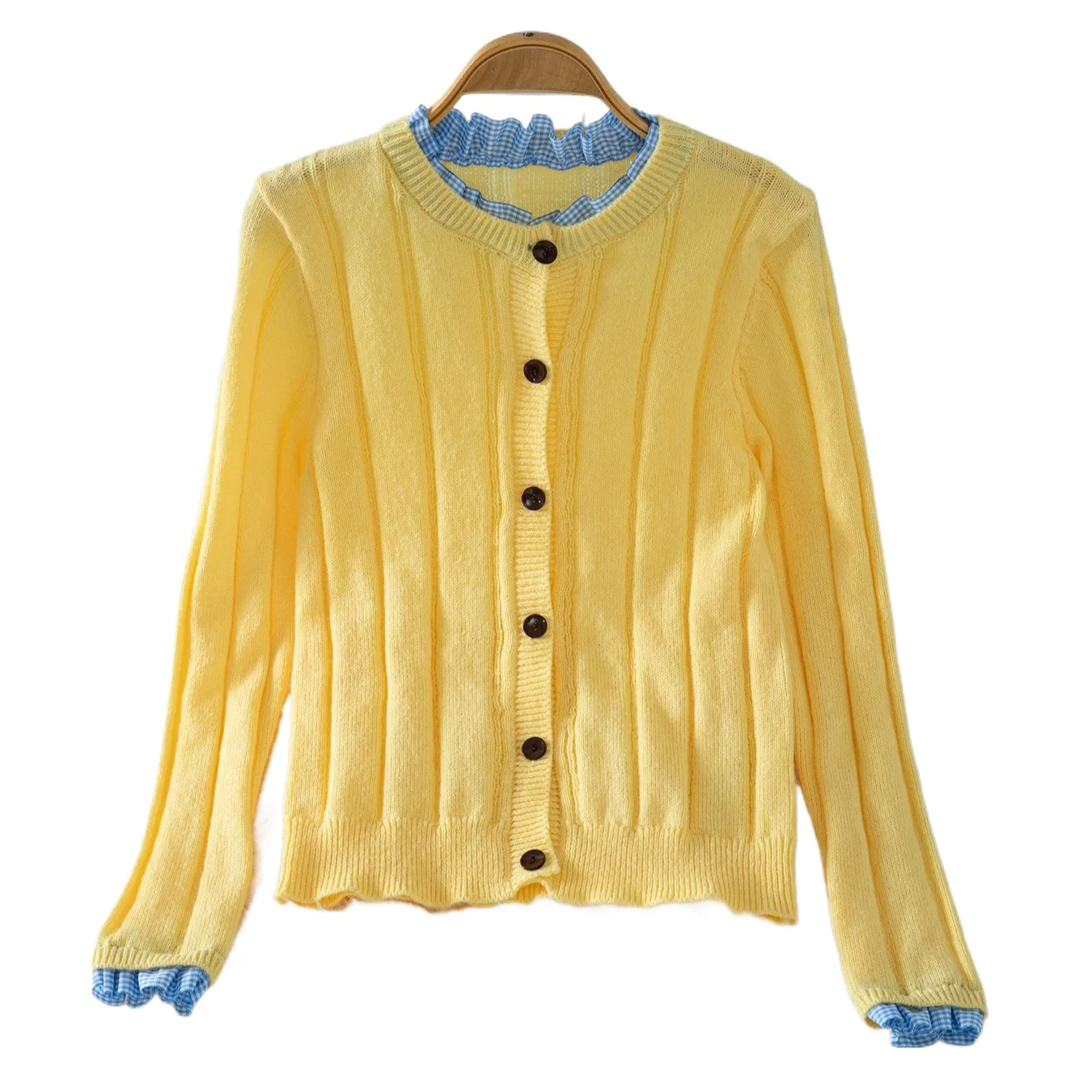 Cross-border foreign trade sweater knitted cardigan women's autumn ruffle edge splicing slim short top with sweater cardigan