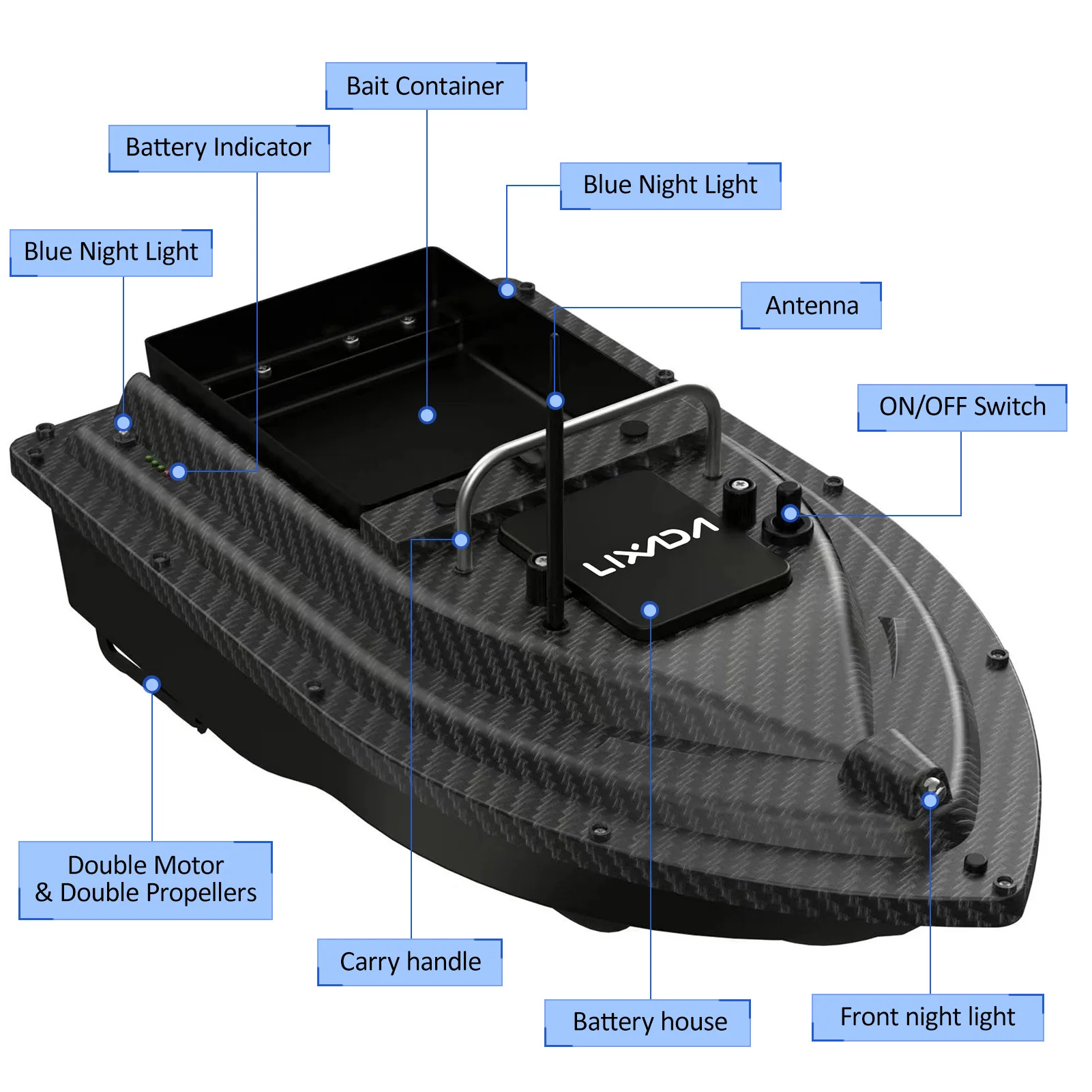 GPS Fishing Bait Boat with Large Bait Container Automatic Bait Boat with 400-500M Wireless Remote Range 4.4lb Bearing Capacity