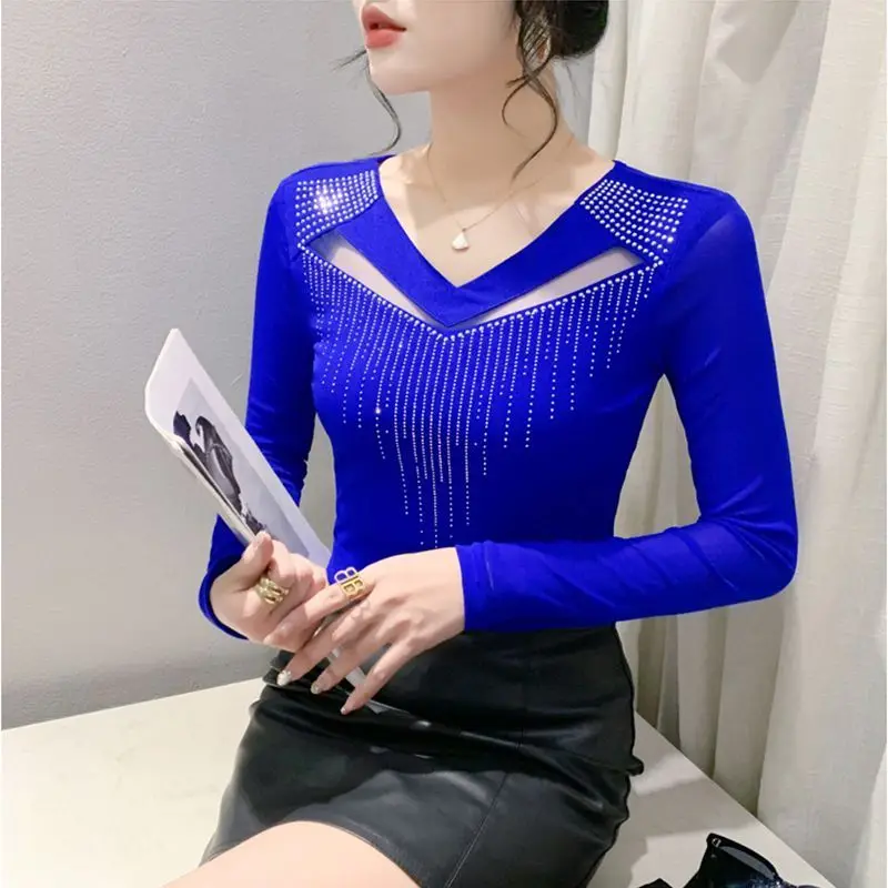 

Elegant Women Blouse With Rhinestone Embellishment V Neck Long Sleeve Slim Fit Sexy Clubwear Top
