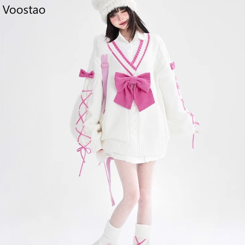 اليابانية الحلو القوس لوليتا نمط محبوك بالأزرار النساء Y2k الجمالية كل مباراة الخامس الرقبة موضة ضمادة فضفاضة JK البلوزات معاطف #4