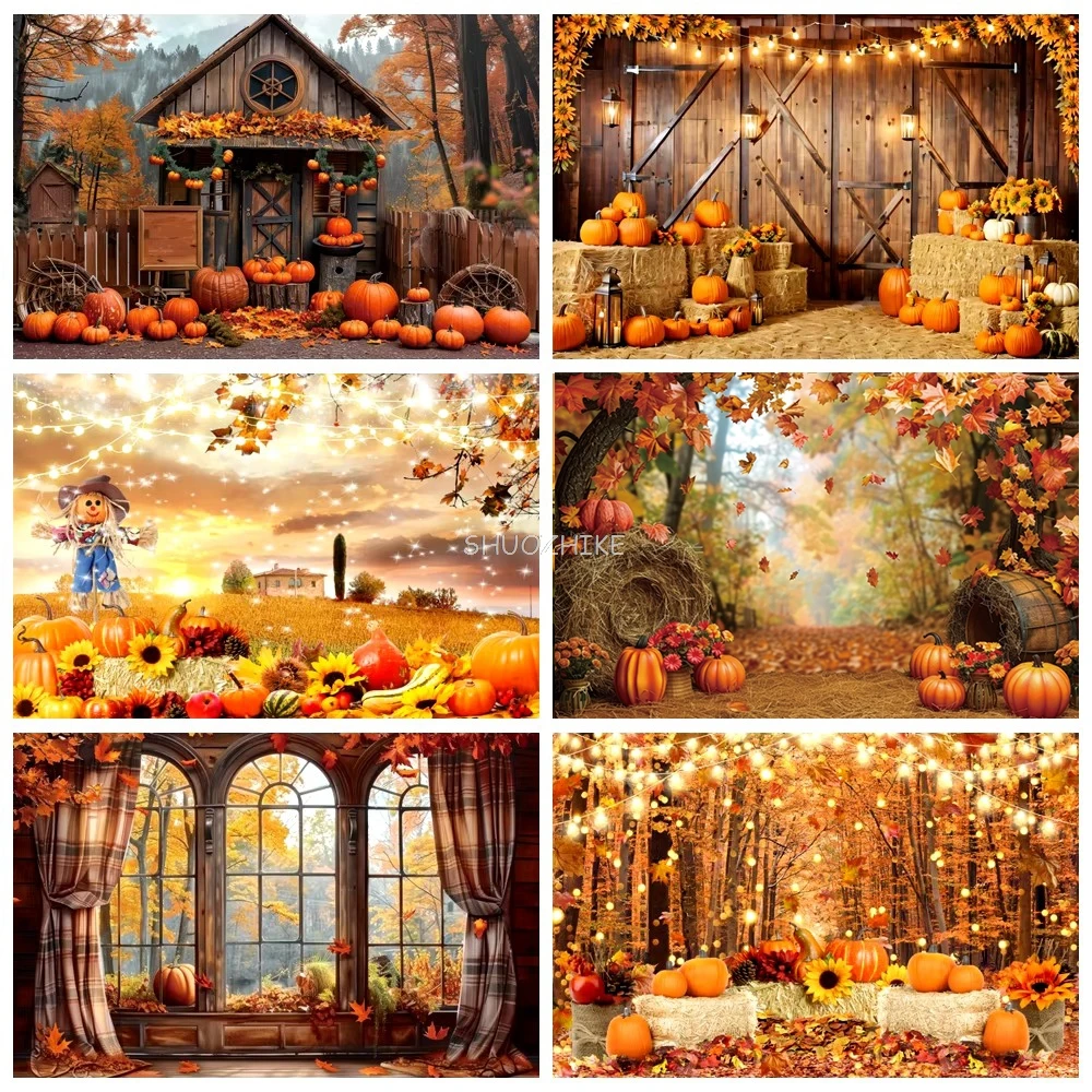 

Fall Thanksgiving Background Wooden Door Barn Autumn Pumpkin Maple Leave Sunflower Halloween Decoration Photography Backdrop