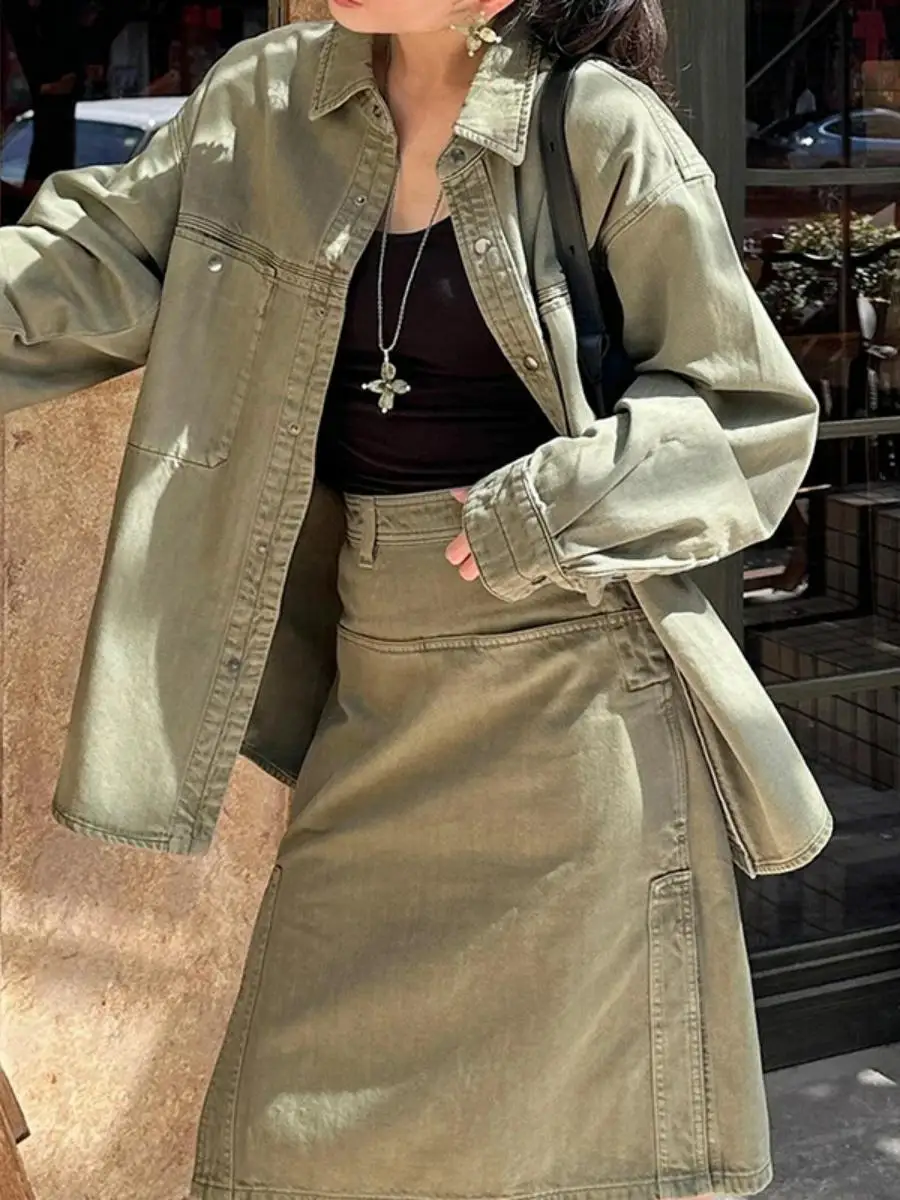 

Spring Dongdaemun Vintage Loose Slimming Jacket High Waist A-Line Skirt Set Women's Fashion Casual Wear Cotton Blend