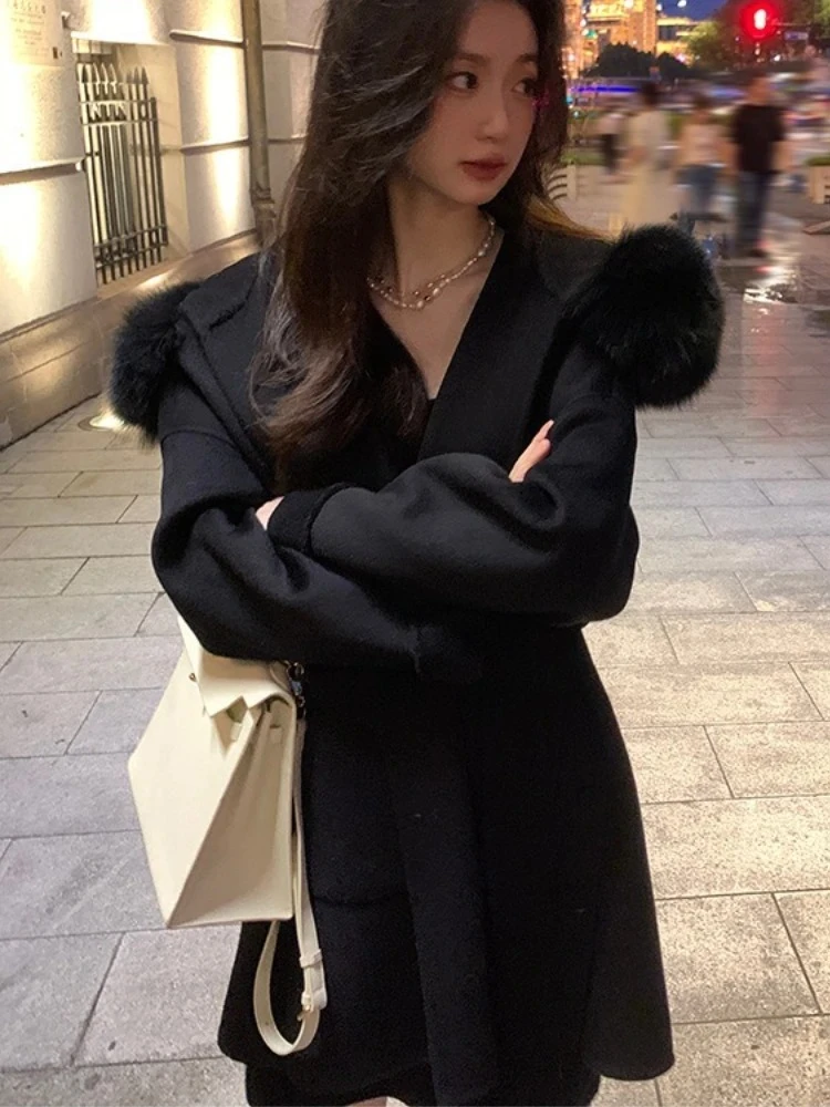 2025년 신상 가을 겨울 패션 후드 리얼 폭스 퍼 울 혼방 재킷 여성 상의 따뜻한 캐시미어 울 코트