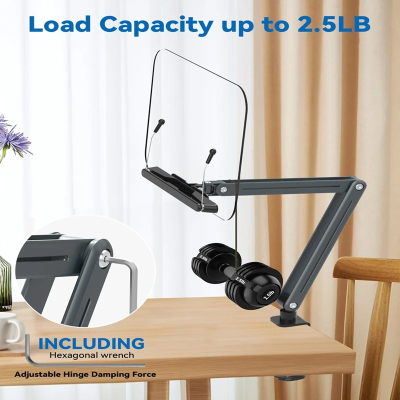 Desk Clamp Bookshelf For Reading, Ergonomic Design,Adjustable Height To 20 Inch With Swivel Base Cookbook Holder